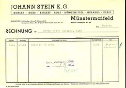 Münstermaifeld Maifeld Eifel Rechnung Facture 1949 Deko " Johann Stein KG Kohlen Düngemittel Holz Koks Kleie " - Transports