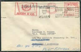 1959 Jebsen & Co. Franking Machine Airmail Cover - Capt. Hansen,M.S. CLARA JEBSEN Ship,Melbourne Australia,Mackerel Fish - Storia Postale