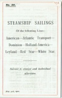Steamship Sailings, May 1910. Lines : Red Star- White Star/ American-Atlantic Transport/ Dominion_Holland-America. - Wereld