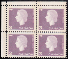 Canada 1963 MNH Sc #403p 3c QEII Cameo Purple W2B Narrow Selvedge UL - Plate Number & Inscriptions