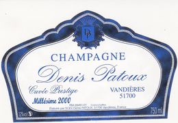 Etiquette Champagne DENIS PATOUX à VANDIERES - 750 Ml - Cuvée Prestige - Millésime 2000 - Year 2000
