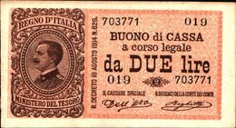 20039) BANCONOTA DA 2 LIRE BUONO DI CASSA VITTORIO EMANUELE III DECR 21 SETTEMBRE 1914 -banconota Non Trattata.vedi Foto - Geallieerde Bezetting Tweede Wereldoorlog