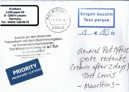 ! 2020 Germany Cover (7.8.) To Mauritius, Airmail , Interruption Postal Service COVID-19, Antwortschein, Reply Coupon - Ziekte