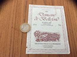 Etiquette De Vin 1991 «GAILLAC - Domaine De Bellefond - RABASTENS (81)» - Gaillac