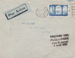 ALGERIE :  Griffe  Premier Vol Alger Paris Dans La Journée 2 Avril 1935 - Airmail