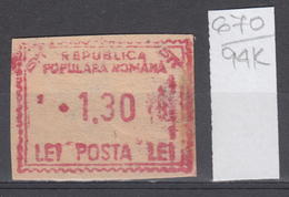 94K670 /  Machine Stamps (ATM) - 1.30 Lei - Republica Populara Romana , Romania Rumanien Roumanie Roemenie - Machines à Affranchir (EMA)
