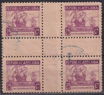 1937-401 CUBA REPUBLICA 1937 USED Ed.319. 25c COLUMBUS SHIP CARABELAS WRITTER & ARTIST CENTER OF SHEET. - Gebruikt