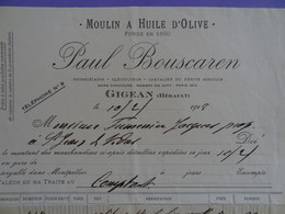 GIGEAN (Hérault) 1918 PAUL BOUSCAREN Moulin à Huile D'olives Fact. à Timbre Fiscal à Jacques Fumenier à St-Jean-de-Védas - 1900 – 1949