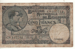 BELGIUM   5 Francs P108a   Dated  20-04-38    ( King Albert, Queen Élisabeth ) - 5 Francs