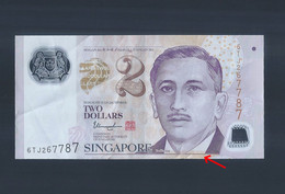 Singapore $2 Portrait Series Aligned Cutting Error Banknote 6TJ267787 (#171) - Singapore