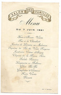 ANCIEN MENU, 7 JUIN 1921, SALON DES FAMILLES - Menus