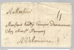 1739 - BELGIQUE - LETTRE De MONS Avec MARQUE LINEAIRE FRAPPEE à SEC  Pour VALENCIENNES (NORD) - 1714-1794 (Austrian Netherlands)