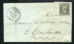 Rare Lettre De Quillan Pour Toulouse ( 1854 ) Avec Un N° 10 Bleu Sur Crème - 25 Centimes Présidence - 1852 Louis-Napoleon