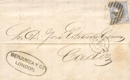 Ø 107 En Carta De Londres A Cádiz, El 5/7/1871. Mat. P.C. "1". Carta Depositada En El Correo De Madrid. En El Frente Fec - Briefe U. Dokumente