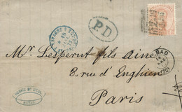 Ø 125 En Carta De Bilbao A París, El 14/1/1873. Mat. R.P. En El Frente Fechador "P.D." Recuadrado Y Ambulante De San Jua - Lettres & Documents