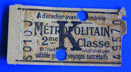 R.A.T.P.-MÉTROPOLITAIN MÈTRO K -Chemins De Fer-Titre De Transport Ticket Billet 2é Classe Europe-☛Rare--poinçons Trous R - Europe