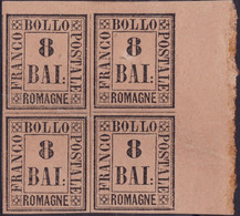 Romagne - 024 ** 1859 - 8 Baj Rosa In Blocco Di Quattro Con Bordo Di Foglio Destro N. 8. Cat. € 3100,00. Cert. Biondi. S - Romagna