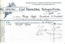 Solingen Foche 1902 Deko Rechnung " Carl Henschke Cigarren Gewürze Speiseöle Großhandlung " - Alimentos