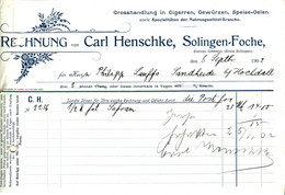 Solingen Foche 1902 Deko Rechnung " Carl Henschke Cigarren Gewürze Speiseöle Großhandlung " - Lebensmittel