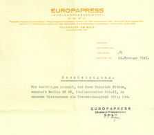 Berlin Zweigstelle Frankfurt 1943 Rechnung /Kopf " Auslands-Pressedienst EUROPAPRESS " - Imprenta & Papelería