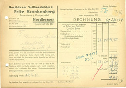 Nordhausen Harz Thüringen DDR 1952 Rechnung " Fritz Krankenberg Vollkornbäckerei Pumpernickel Reformbrote " - Lebensmittel