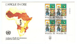 ONU NATIONS UNIES FDC GENEVE L'AFRIQUE EN CRISE 1986 BLOC DE 4 Ex - DESSIN DOMINIQUE BROILET - SCAN RECTO VERSO - Covers & Documents