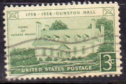 USA STATI UNITI 1958 GUNSTON HALL ISSUE VIRGINIA CENT 3c USED USATO OBLITERE' - Other & Unclassified