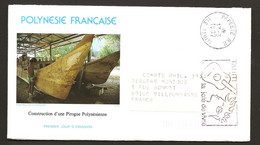 Polynésie 1986 N° 267 O FDC, Premier Jour, Construction, Pirogue, Fabrication, Chantier Naval, Bois, Menuiserie, Dessins - Covers & Documents