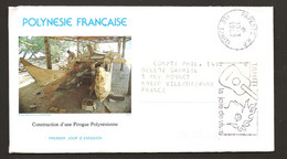 Polynésie 1986 N° 266 O FDC, Premier Jour, Construction, Pirogue, Fabrication, Chantier Naval, Bois, Menuiserie, Dessins - Covers & Documents