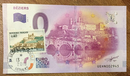 2016 BILLET 0 EURO SOUVENIR DPT 34 BÉZIERS + TIMBRE ZERO 0 EURO SCHEIN BANKNOTE PAPER MONEY BANK - Essais Privés / Non-officiels