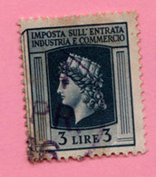 Italia Lungotenenza Fiscali Revenue Imposta Industria Commercio Lire 3 Usato - Revenue Stamps