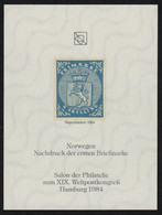 Norway First Stamp 1855 Reproduction UPU Congress Salon 1984 GERMANY Hamburg Philatelist Commemorative Sheet Block - Neufs