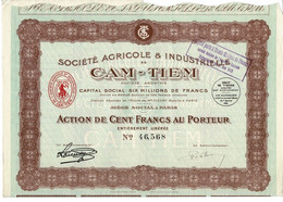 SOCIETE AGRICOLE & INDUSTRIELLE DE CAM-TIEM - Action De Cent Francs Au Porteur N° 46568 - S - V