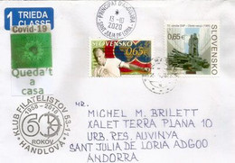 Lettre De Slovaquie Adressée Andorra Pendant Le Confinement COVID 19, Avec Vignette Locale Prevention Coronavirus - Briefe U. Dokumente