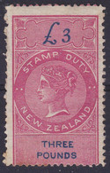 NEW ZEALAND 1871 REVENUE £3 SHORT TAIL QV STAMP DUTY MH OG. - Nuovi