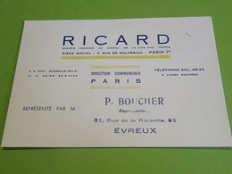 Carte Commerciale / Direction Commerciale  Paris / RICARD/Représentant BOUCHER / Evreux /Vers 1960-70  CAC182 - Food