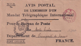 MONACO 1928 - RARE ENVELOPPE AVIS POSTAL EMISSION MANDAT TELEGRAPHIQUE INTERNATIONAL De LONDRES => MONTE CARLO - Marcophilie