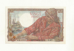 BILLET 20 FRANCS LE PECHEUR  G. 28/01/1943 G. .U67   AVEC 2 TROUS EPINGLE + 3 TACHES ROUILLE  ASPECT NEUF CRAQUANT. - 20 F 1942-1950 ''Pêcheur''