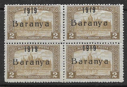 Hungary Baranya 1919 MNH Parliament 2Kr Block Of Four Two Types Variety - Ortsausgaben