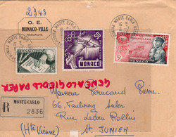 MONACO- MARCOPHILIE TIMBRE 15 F- 50 F-5F - -PERUCAUD MEGISSERIE SAINT JUNIEN RECOMMANDE 1953 - Postmarks