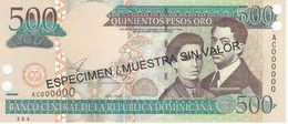 ¡¡MUESTRA!! BILLETE DE REP. DOMINICANA DE 500 PESOS ORO DEL AÑO 2002 - ESPECIMEN-SPECIMEN - Dominicana