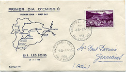 ANDORRE FRANCAIS ENVELOPPE 1er JOUR D'EMISSION DEPART ANDORRE-LA-VIEILLE 27-1-1958 VAL. D'ANDORRE POUR LA FRANCE - Covers & Documents