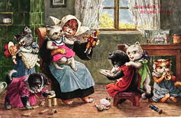 Katze, Katzenmutter Spielt Mit Den Kindern, Sign. Arthur Thiele, - Thiele, Arthur