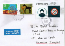 Lettre Du Japon (Poneys) Postée Pendant épidémie Covid19, Avec Vignette Locale Prevention Coronavirus,adressée Andorra - Brieven En Documenten