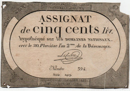FRANCIA  ASSIGNAT 500 LIVRES 1794 P-A77 - ...-1889 Tijdens De XIXde In Omloop