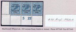 Ireland 1922 Thom Rialtas Blue-black 10d, Corner Strip Of 3 Control S22 Perf Fresh Mint, Hinged - Unused Stamps