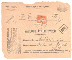 PARIS IX Devant Formule 1488 Valeurs à Recouvrer En Tant Que Valeurs RECOUVREES Taxe PAR Yv 286 1F Paix Orange Ob 1936 - Brieven En Documenten