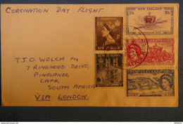 E11 NOUVELLE ZELANDE BELLE LETTRE 1953 CORONATION DAY FLIGHT POUR CAPE AFRIQUE DEU SUD VIA LONDON +CACHET PLAISANT - Storia Postale