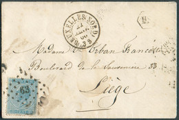 N°18 - 20 Centimes Bleu, Obl. LP 63 Sur Enveloppe De BRUXELLES (NORD) le 22 Janvier (1er Mois) 1866 + Boîte Hexagonale - 1865-1866 Perfil Izquierdo