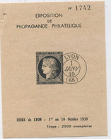 69 -LYON : VIGNETTE DE L'EXPOSITION DE PROPAGANDE PHILATELIQUE  : A LA FOIRE DE LYON - Covers & Documents